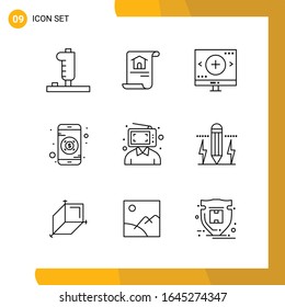  9 Conjunto de iconos. Paquete de iconos de estilo de línea. Símbolos de esquema aislados en el fondo blanco para diseño de sitio web responsable.