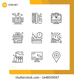 9 Icon Set. Line Style Icon Pack. Outline Symbols isolated on White Backgound for Responsive Website Designing.