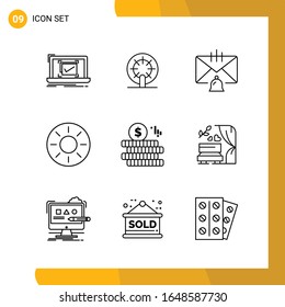  9 Conjunto de iconos. Paquete de iconos de estilo de línea. Símbolos de esquema aislados en el fondo blanco para diseño de sitio web responsable.