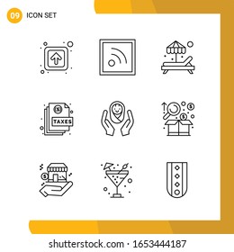 9 Conjunto de iconos. Paquete de iconos de estilo de línea. Símbolos de esquema aislados en el fondo blanco para diseño de sitio web responsable.