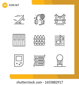 9 Symbolsatz. Line Style Icon Pack. Umrisssymbole einzeln auf weißem Hintergrund für reaktives Website-Design.