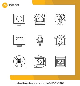9 Conjunto de iconos. Paquete de iconos de estilo de línea. Símbolos de esquema aislados en el fondo blanco para diseño de sitio web responsable.