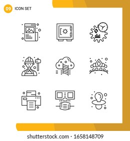 9 Icon Set. Line Style Icon Pack. Outline Symbols isolated on White Backgound for Responsive Website Designing.
