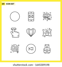  9 Conjunto de iconos. Símbolos de líneas simples. Signo de esquema en fondo blanco para el diseño de aplicaciones móviles del sitio web y medios impresos.