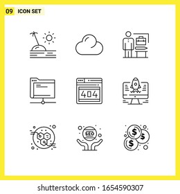 9 Symbolsatz. Einfache Zeilensymbole. Rahmenzeichnung auf weißem Hintergrund für Webseitendesign Mobile Applications und Printmedien.