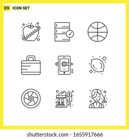 9 Conjunto de iconos. Símbolos de líneas simples. Signo de esquema en fondo blanco para el diseño de aplicaciones móviles del sitio web y medios impresos.