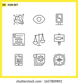 9 Icon Set. Simple Line Symbols. Outline Sign on White Background for Website Design Mobile Applications and Print Media.