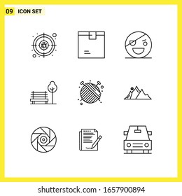 9 Conjunto de iconos. Símbolos de líneas simples. Signo de esquema en fondo blanco para el diseño de aplicaciones móviles del sitio web y medios impresos.