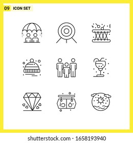 9 Conjunto de iconos. Símbolos de líneas simples. Signo de esquema en fondo blanco para el diseño de aplicaciones móviles del sitio web y medios impresos.
