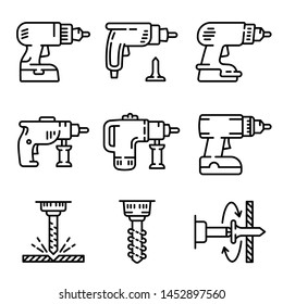 9 icons of drill, perforator and screwdriver. Outline set of tools for drilling and tightening screws, vector icons isolated on white background.