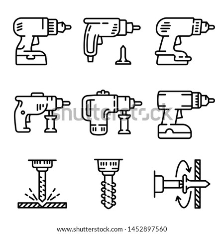 9 icons of drill, perforator and screwdriver. Outline set of tools for drilling and tightening screws, vector icons isolated on white background.