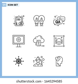 9 Iconos. Símbolos de esquema creativo de estilo de línea. Signo de icono de línea negra aislado en fondo blanco.