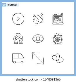 9 Iconos. Símbolos de esquema creativo de estilo de línea. Signo de icono de línea negra aislado en fondo blanco.