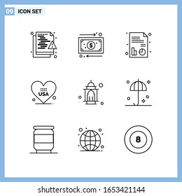  9 Iconos. Símbolos de esquema creativo de estilo de línea. Signo de icono de línea negra aislado en fondo blanco.