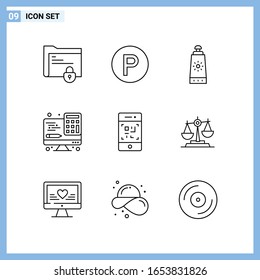  9 Iconos. Símbolos de esquema creativo de estilo de línea. Signo de icono de línea negra aislado en fondo blanco.