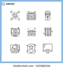  9 Iconos. Símbolos de esquema creativo de estilo de línea. Signo de icono de línea negra aislado en fondo blanco.