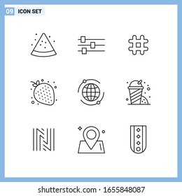  9 Iconos. Símbolos de esquema creativo de estilo de línea. Signo de icono de línea negra aislado en fondo blanco.