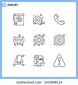  9 Symbole. Kreative Symbole im Zeilenstil. Schwarze Linie Symbol Zeichen einzeln auf weißem Hintergrund.