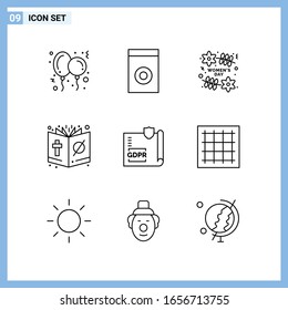 9 Icons. Line style Creative Outline Symbols. Black Line Icon Sign Isolated on White Background.