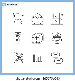  9 Iconos. Símbolos de esquema creativo de estilo de línea. Signo de icono de línea negra aislado en fondo blanco.