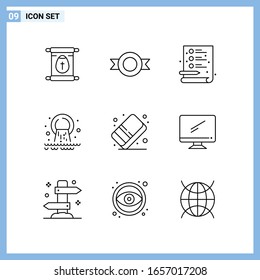  9 Iconos. Símbolos de esquema creativo de estilo de línea. Signo de icono de línea negra aislado en fondo blanco.