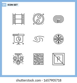  9 Iconos. Símbolos de esquema creativo de estilo de línea. Signo de icono de línea negra aislado en fondo blanco.