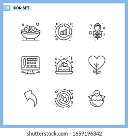  9 Iconos. Símbolos de esquema creativo de estilo de línea. Signo de icono de línea negra aislado en fondo blanco.