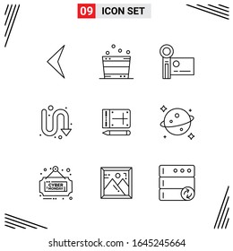 Estilo De Línea De 9 Iconos. Símbolos de esquema creativo basados en cuadrícula para el diseño del sitio web. Señales de icono de línea simples aisladas en fondo blanco. 9 Conjunto de iconos.