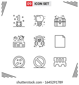 Estilo De Línea De 9 Iconos. Símbolos de esquema creativo basados en cuadrícula para el diseño del sitio web. Señales de icono de línea simples aisladas en fondo blanco. 9 Conjunto de iconos.