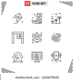 9 Icons Line Style. Grid Based Creative Outline Symbols for Website Design. Simple Line Icon Signs Isolated on White Background. 9 Icon Set.