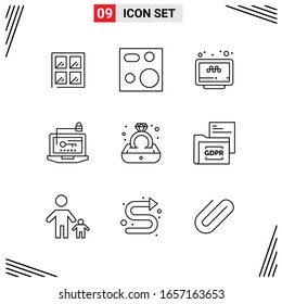 9 Icons Line Style. Grid Based Creative Outline Symbols for Website Design. Simple Line Icon Signs Isolated on White Background. 9 Icon Set.