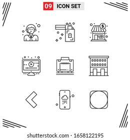 9 Icons Line Style. Grid Based Creative Outline Symbols for Website Design. Simple Line Icon Signs Isolated on White Background. 9 Icon Set.