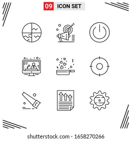 9 Icons Line Style. Grid Based Creative Outline Symbols for Website Design. Simple Line Icon Signs Isolated on White Background. 9 Icon Set.