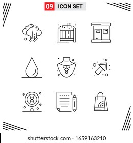 Estilo De Línea De 9 Iconos. Símbolos de esquema creativo basados en cuadrícula para el diseño del sitio web. Señales de icono de línea simples aisladas en fondo blanco.9 Conjunto de iconos.
