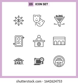 9 Icons in Line Style. Outline Symbols on White Background. Creative Vector Signs for Web mobile and Print.