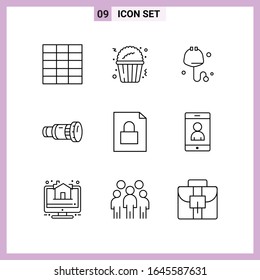 9 Icons in Line Style. Outline Symbols on White Background. Creative Vector Signs for Web mobile and Print.