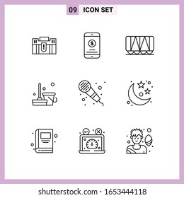 9 Icons in Line Style. Outline Symbols on White Background. Creative Vector Signs for Web mobile and Print.