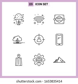 9 Icons in Line Style. Outline Symbols on White Background. Creative Vector Signs for Web mobile and Print.
