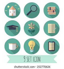  9 icons set - education,flower, light bulb, cup, magnifying glass, house,document