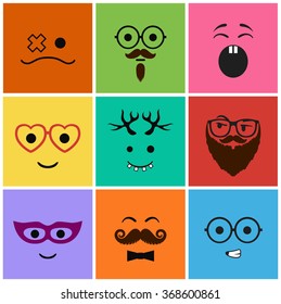 9 icons set faces and characters different in colors 