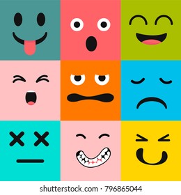 9 icons set faces and characters different in colors.Emoticons vector pattern. Emoji square icons.