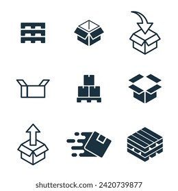 9 icons set on white background. online delivery service business. Parcel container, packaging boxes, web design for applications.