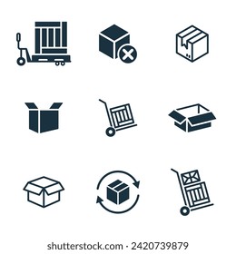 9 Symbole auf weißem Hintergrund. Online-Zustelldienst Paketcontainer, Verpackungskästen, Webdesign für Anwendungen.