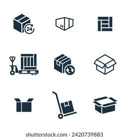 9 icons set on white background. online delivery service business. Parcel container, packaging boxes, web design for applications.