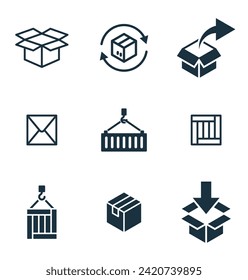 9 Symbole auf weißem Hintergrund. Online-Zustelldienst Paketcontainer, Verpackungskästen, Webdesign für Anwendungen.