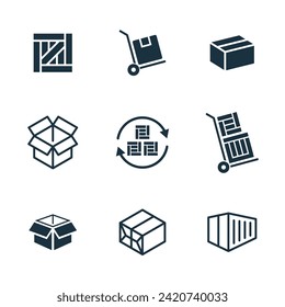9 icons set on white background. online delivery service business. Parcel container, packaging boxes, web design for applications.