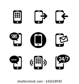 9 iconos: teléfono inteligente, comunicación, llamada, teléfono táctil