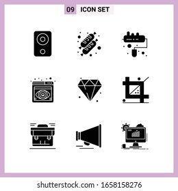 9 Icons in Solid Style. Glyph Symbols on White Background. Creative Vector Signs for Web mobile and Print.