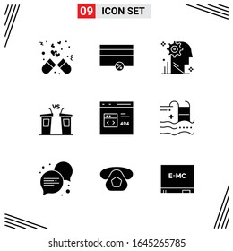9 Icons Solid Style. Grid Based Creative Glyph Symbols for Website Design. Simple Solid Icon Signs Isolated on White Background. 9 Icon Set.