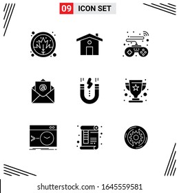 9 Icons Solid Style. Grid Based Creative Glyph Symbols for Website Design. Simple Solid Icon Signs Isolated on White Background. 9 Icon Set.